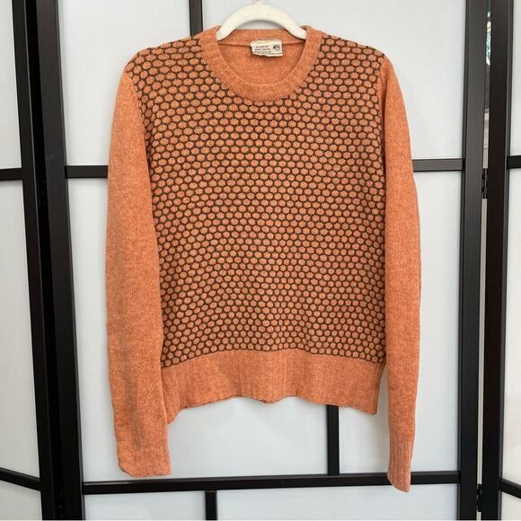[L] Vintage Murray Brothers Scottish Wool Knit Sweater Orange & Brown 70s Print - Picture 1 of 15